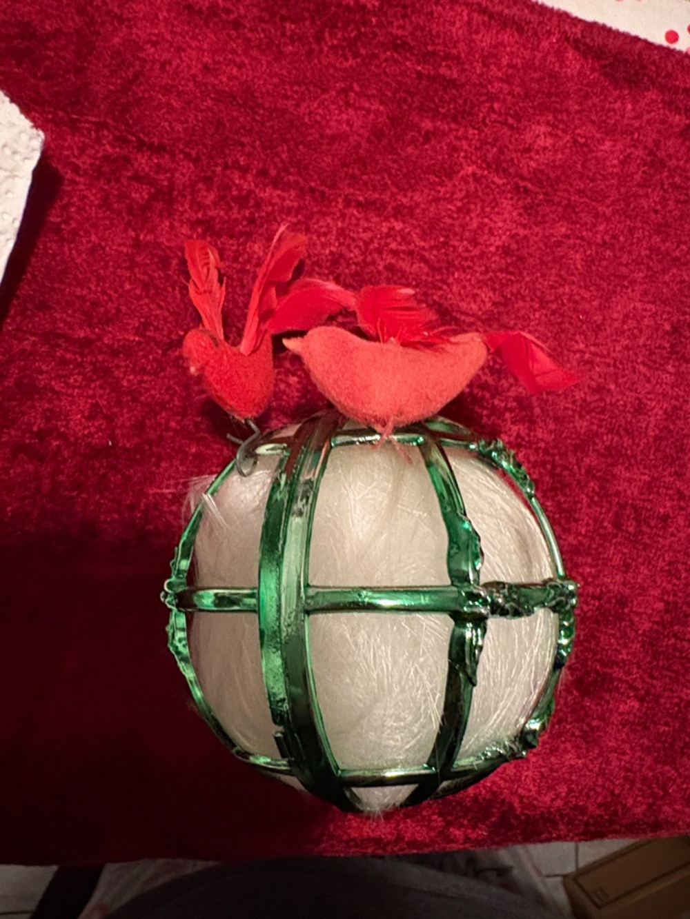 Green Glass Globe Ornament with Red Bird Accents very old
